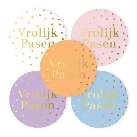 Vrolijk Pasen (pastel kleuren) stickers - 5 soorten wensetiketten