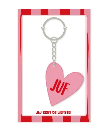 Roze Sleutelhanger hartje met juf in het rood