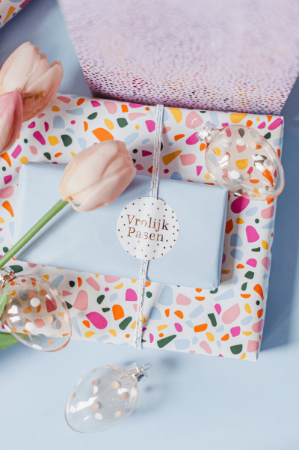 Vrolijk Pasen (pastel kleuren) stickers - 5 soorten wensetiketten