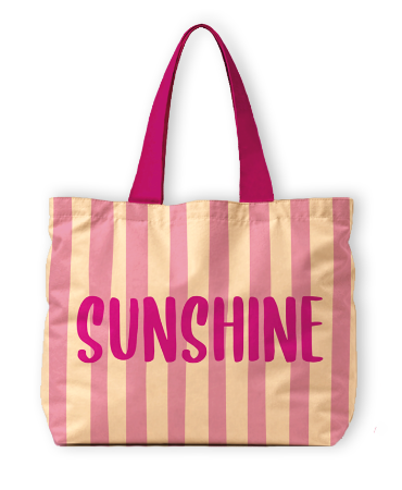 Zomerse strandtas met roze/gele strepen en de tekst Sunshine - Canvas Shopper 65x18x49cm