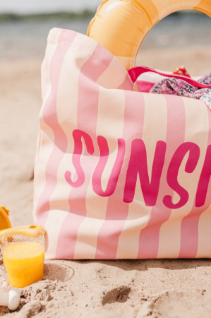 Zomerse strandtas met roze/gele strepen en de tekst Sunshine - Canvas Shopper 65x18x49cm
