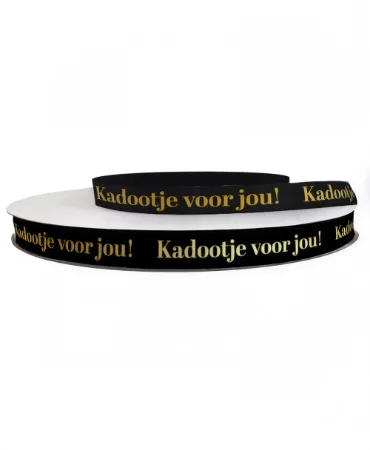 KP® Satijnlint 12mm - Kadootje voor jou, zwart/goud 100m